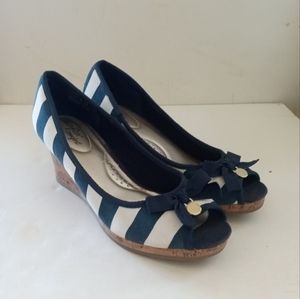 Women's Dexflex Comfort Navy Blue White Stripe Wedges Shoes Size 8 1/2 M